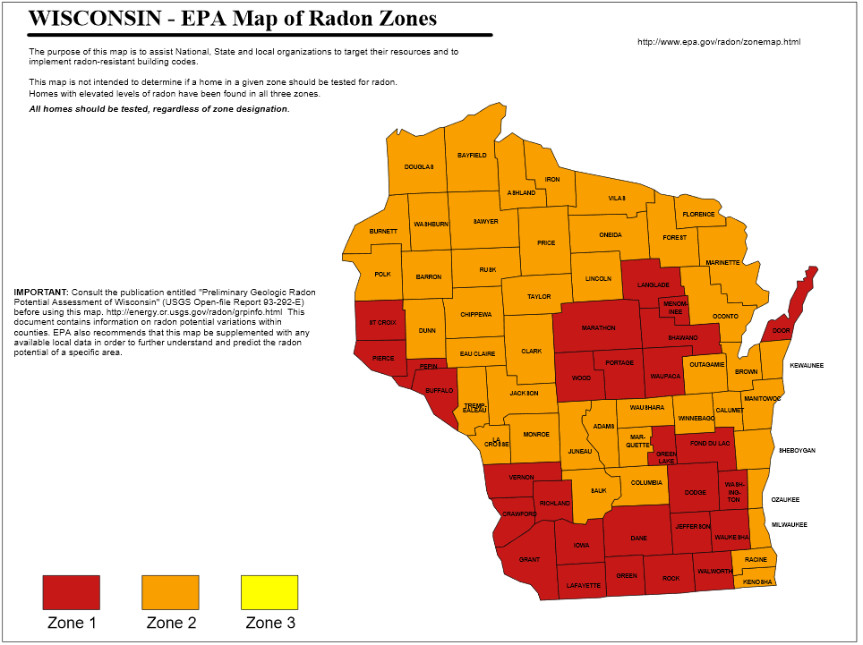 Wisconsin EPA Radon Map | House Detective Home Inspections Radon Testing Services